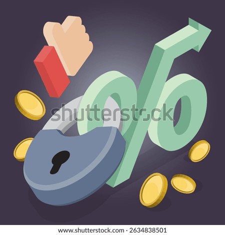 Fixed interest rate, fixed cost or constant price, mortgage or loan, fixed percentage sign, banking or financial return rate concept. Cartoon 3d flat isometric vector illustration.