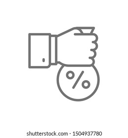 Fixed interest rate, hand with money bag line icon.