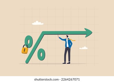 Fixed interest rate, mortgage or loan, fixed cost or constant price, banking or financial return rate concept, businessman real estate owner with fixed percentage sign.