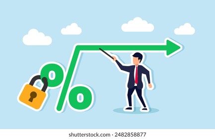 Fixed interest rate, mortgage or loan, stable cost, and constant banking or financial return rate, concept of A businessman and real estate owner with a fixed percentage sign