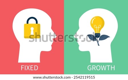 fixed mindset and growth mindset. Self-development concept. creative thinking and problem solving.