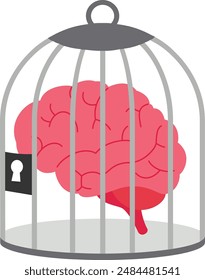 Fixed mindset, negative emotion, refusal to learn anything new, fearful or mental lock, suppression or aversion disorder concept, bird cage lock over depressed fearful human brain.

