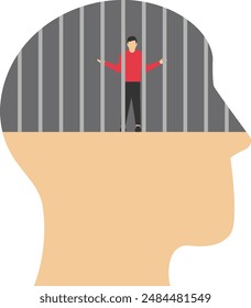 Fixed mindset, negative emotion, refusal to learn anything new, fearful or mental lock, suppression or aversion disorder concept, bird cage lock over depressed fearful human brain.

