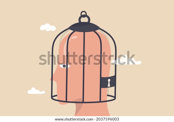 Fixed mindset,
negative emotion refuse to learn anything new, fearful or mental
lock, suppression or aversion disorder concept, bird cage lock over
depressed fearful human
brain.