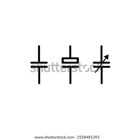 Fixed, polarized, and variable capacitor symbols in black
