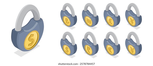 Fixed price lock concept. Secure payment symbol. 3d flat isometric vector illustration.