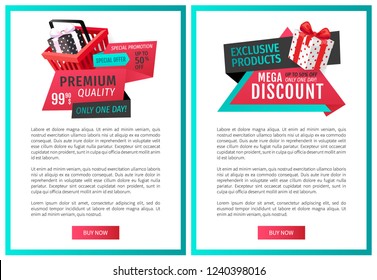 Fixed price only one day offer web page templates vector. Shopping basket with gift box, ribbons and text, promotion of products. Save money on sales