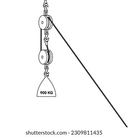 Fixed pulley system isolated on white background. Loaded Movable Pulleys. Physics experiment for education on force and motion with pulley illustration. The laws of motion. Simple Machines Pulleys.