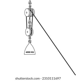 Fixed pulley system isolated on white background. Loaded Movable Pulleys. Physics experiment for education on force and motion with pulley illustration. The laws of motion. Simple Machines Pulleys.