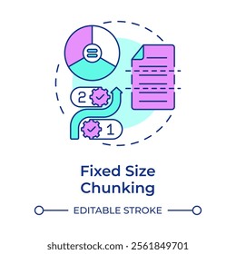 Fixed size chunking multi color concept icon. Level of fragmentation strategy in RAG. Standardizing data. Round shape line illustration. Abstract idea. Graphic design. Easy to use in presentation