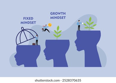 Ilustração de mindset fixa vs crescimento com ilustração de vetor plana 2d da metáfora da planta