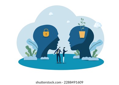 Fixed vs growth mindset with open or locked personality tiny person concept. Compared psychological types in symbolic visualization with creative.