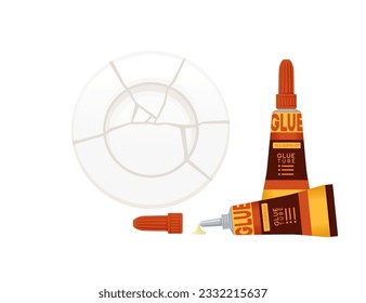 Fixed white ceramic plate with super glue vector illustration isolated on white background