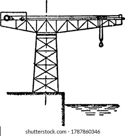 A fixed-jib crane consisting of a steel-braced tower on which revolves a large, horizontal, double cantilever; the forward part of this cantilever, carries the lifting trolley, vintage line drawing