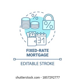 Icono de concepto hipotecario a tasa fija. Ilustración de línea delgada de idea de tipo de préstamo. Préstamo hipotecario totalmente amortizado. Pagos mensuales previsibles. Dibujo de color RGB con contorno aislado del vector. Trazo editable