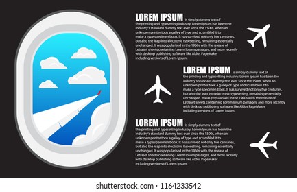 Fixed-Wing Aircraft Flying Above The Clouds On Sky Background. Nice View From The Airplane Window To The Cumulus Clouds In Blue Sky And Wing. For Graphic, Banners, Wallpaper. Vector Illustration.Eps10