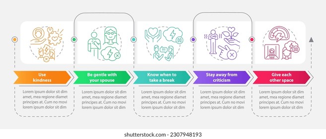 Fixing broken marriage rectangle infographic template. Use kindness. Data visualization with 5 steps. Editable timeline info chart. Workflow layout with line icons. Myriad Pro-Bold, Regular fonts used