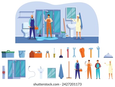 Fixing broken shower icons set cartoon vector. Worker plumber. Repair service