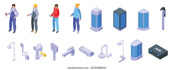 Fixing broken shower icons set isometric vector. Plumber worker. Service repair