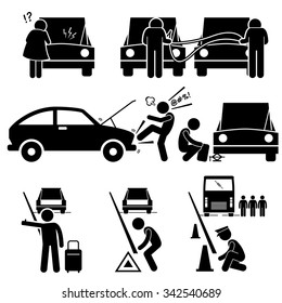 Fixing a Car Breakdown Broke Down Repair at Roadside Stick Figure Pictogram Icons