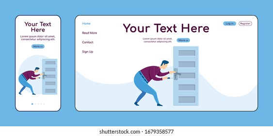 Fixing door knob adaptive landing page flat color vector template. Handyworker service mobile and PC homepage layout. Repairman one page website UI. Home repairs webpage cross platform design