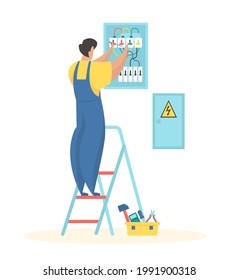 Fixing electrical wiring. Electrician in uniform adjusts wires electric meter. Folding ladder and toolbox on floor. Professional services and emergency teams duty. Vector flat illustration