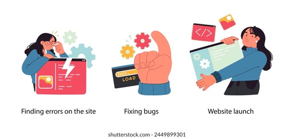 Corregir errores y errores en el software y el control de calidad - conjunto de ilustraciones de conceptos de negocios. Colección de historias visuales.