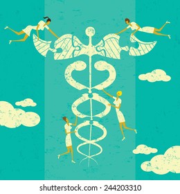 Fixing Health care A group of women putting the puzzle pieces together to find solutions for health care. The women and caduceus are on a separate labeled layer from the background. 