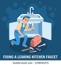 Fixing Leaking Kitchen Faucet. Proffesional Plumber Man. Plumbing Service with Repair Tools. Repair and cleaning with Plumber. Plumber Design concept set with Pipes Repair. Vector Illustration.