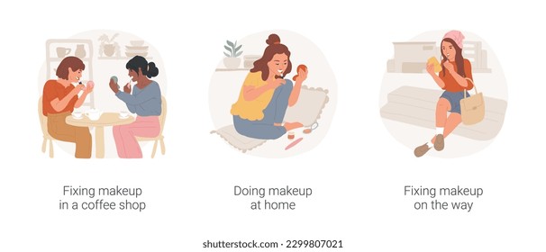 Fixing makeup isolated cartoon vector illustration set. Teenage girls put on makeup in coffee shop, applying cosmetics, looking in mirror, painting lips on the way, stylish teen vector cartoon.