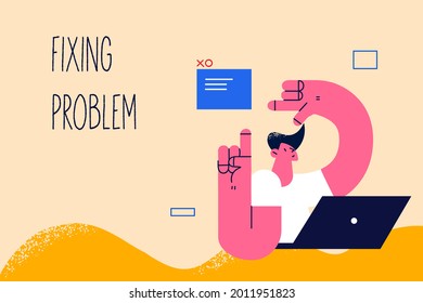 Fixing problem in business concept. Young positive businessman cartoon character sitting at laptop and fixing problem himself showing with gestures vector illustration