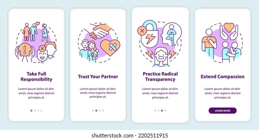 Fixing relationship onboarding mobile app screen. Take responsibility walkthrough 4 steps editable graphic instructions with linear concepts. UI, UX, GUI template. Myriad Pro-Bold, Regular fonts used