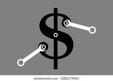 Fixing and repairing US economy and finance. Broken American dollar is repaired by key, tool and equipment. Tightening as solving financial and economic failure and breakdown. Vector illustration.