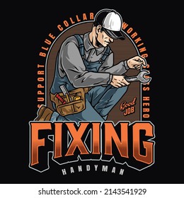 Fixing service colorful vintage emblem with inscription, man in cap and uniform crouching and holding spanner, vector illustration