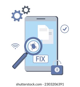 Fixing smartphone Cleaning device from viruses Security and unlocking vector illustration design