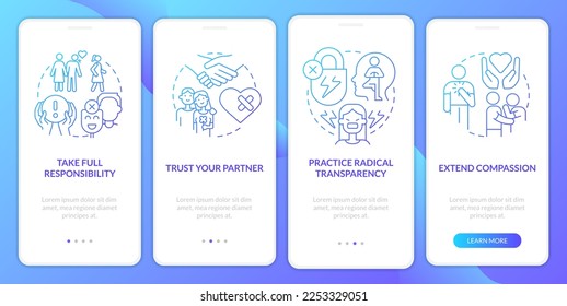 Fixing struggling relationship blue gradient onboarding mobile app screen. Walkthrough 4 steps graphic instructions with linear concepts. UI, UX, GUI template. Myriad Pro-Bold, Regular fonts used