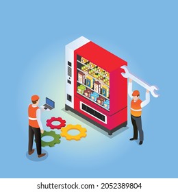 Fixing vending machine 3d isometric vector illustration concept for banner, website, landing page, ads, flyer