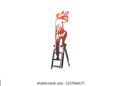 Fixture, installation, repair, worker, construction concept. Hand drawn repairman fixing construction concept sketch. Isolated vector illustration.