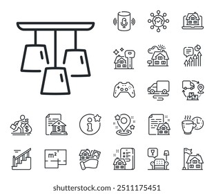 Fixture light sign. Floor plan, stairs and lounge room outline icons. Ceiling lamp line icon. Interior illuminate symbol. Ceiling lamp line sign. House mortgage, sell building icon. Vector