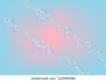 Fizz background with shampoo foam and soap bubbles. 3d vector illustration design. Stylish spray and splash. Realistic water frame and border. Rainbow colorful liquid fizz.