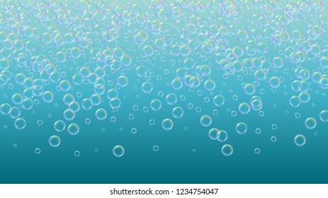 Fizz background with shampoo foam and soap bubbles. Minimal spray and splash. Realistic water frame and border. 3d vector illustration invite. Blue colorful liquid fizz.