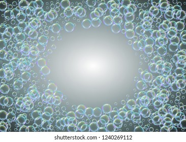 Fizz background with shampoo foam and soap bubbles. 3d vector illustration template. Trendy spray and splash. Realistic water frame and border. Grey colorful liquid fizz.