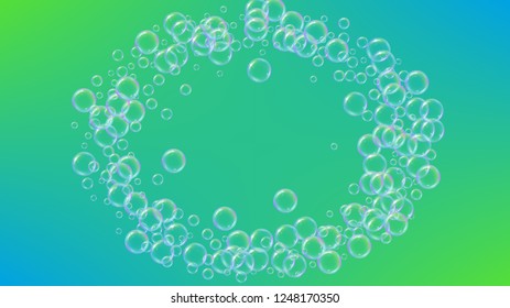Fizz background with shampoo foam and soap bubbles. 3d vector illustration design. Bright spray and splash. Realistic water frame and border. Green colorful liquid fizz.
