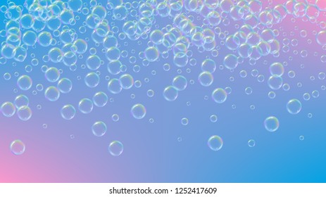 Fizz background with shampoo foam and soap bubbles. Creative spray and splash. Realistic water frame and border. 3d vector illustration flyer. Purple colorful liquid fizz.