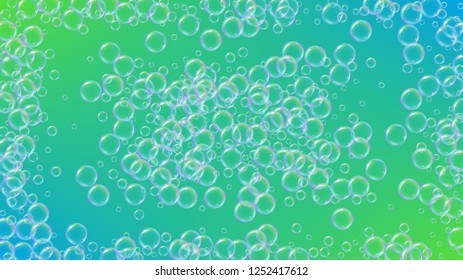 Fizz background with shampoo foam and soap bubbles. 3d vector illustration banner. Bright spray and splash. Realistic water frame and border. Green colorful liquid fizz.