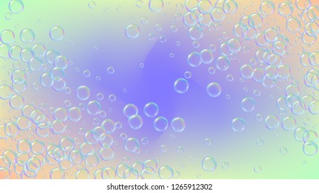Fizz background with shampoo foam and soap bubbles. 3d vector illustration banner. Creative spray and splash. Realistic water frame and border. Rainbow colorful liquid fizz.