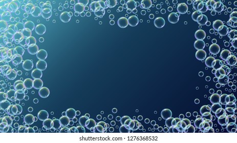 Fizz background with shampoo foam and soap bubbles. Multicolor spray and splash. Realistic water frame and border. 3d vector illustration flyer. Blue colorful liquid fizz.