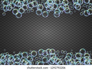 Fizz background with shampoo foam and soap bubbles. Multicolor spray and splash. Realistic water frame and border. 3d vector illustration banner. Isolated colorful liquid fizz.