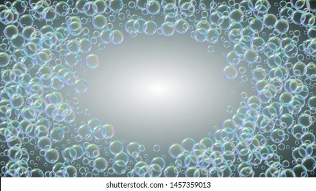 Fizz background with shampoo foam and soap bubbles. Creative spray and splash. Realistic water frame and border. 3d vector illustration template. Grey colorful liquid fizz.