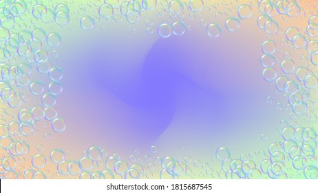 Fizz background with shampoo foam and soap bubbles. 3d vector illustration design. Vibrant spray and splash. Realistic water frame and border. Rainbow colorful liquid fizz.
